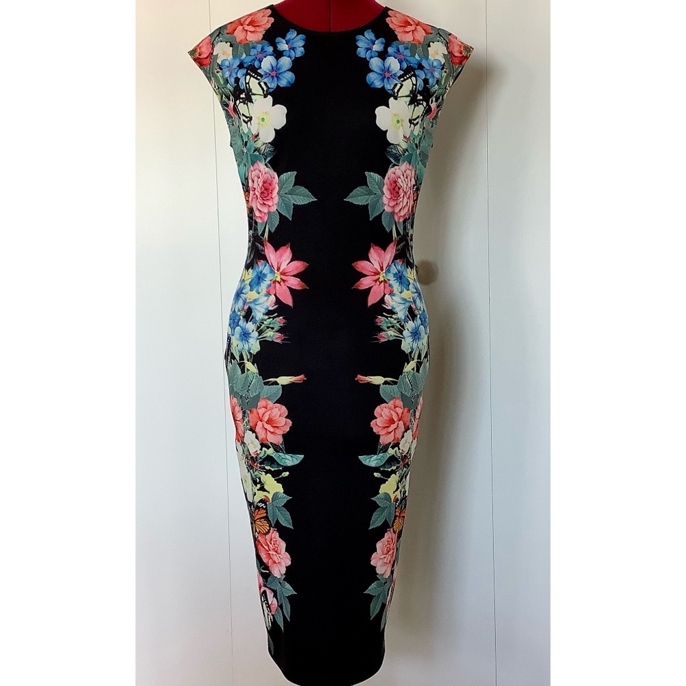 Black floral fitted sheath dress size M - Picture 1 of 4